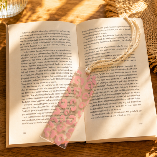 Transparentes Lesezeichen mit rosa Leopardenmuster aus mattem Vinyl auf aufgeschlagenem Buch – DIY-Idee mit Standard Vinyl matt von Plotter Prinzessin