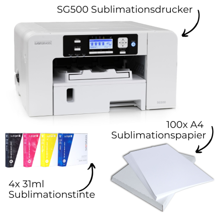 SAWGRASS SG500 Sublimationsdrucker A4 Starterpaket | inkl. 31 ml Tinte und Papier